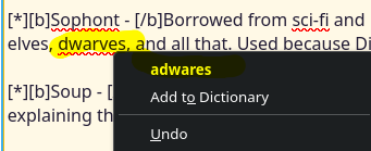 A screenshot of the edit field of Diotima's personal site, tiefling dot bardic perspiration dot com, in the personal slang section, showing that spell check for Firefox recommends replacing 'dwarves' with 'adwares.'