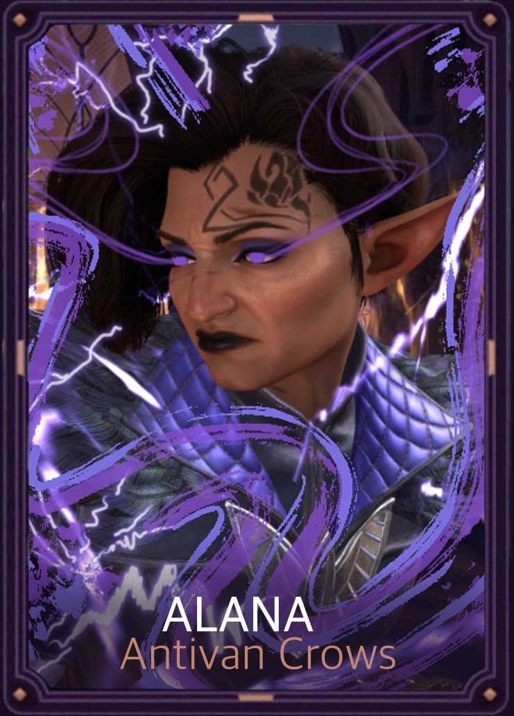 Alana as a trading card, with a purple frame. Alana is in three quarter profile, their eyes glowing with lilac purple magic that swirls around them and becomes lightning. The text says "Alana: Antivan Crows". Artist credit: blackwall-my-tiny-husband via tumblr.