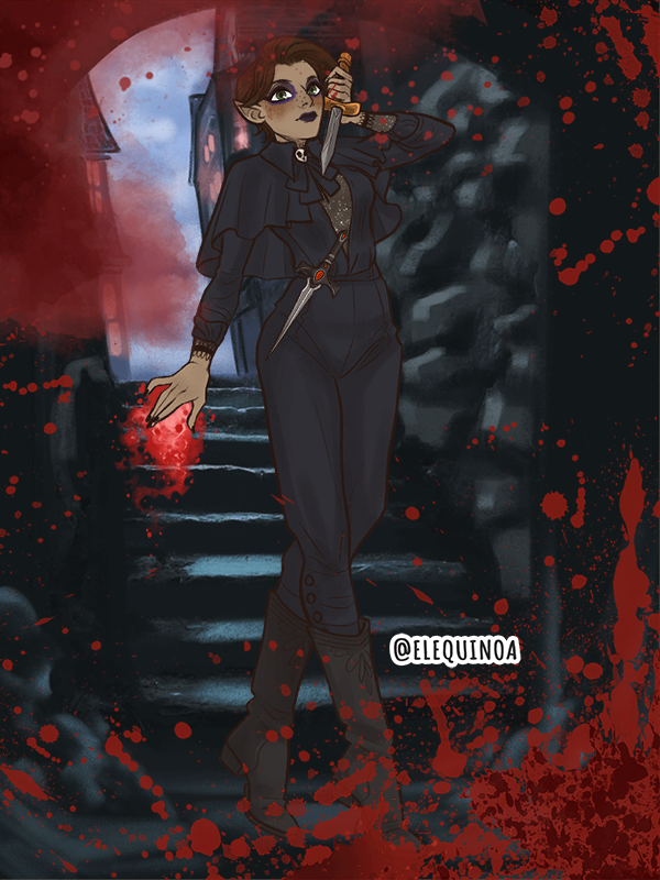 Alana stalking the streets of Treviso in dark blue clothing with a capelet. They have a dagger raised, and a ball of blood magic energy ready in their other hand. The expression on their face is unsettling and there's blood splatter around the frame of the picture