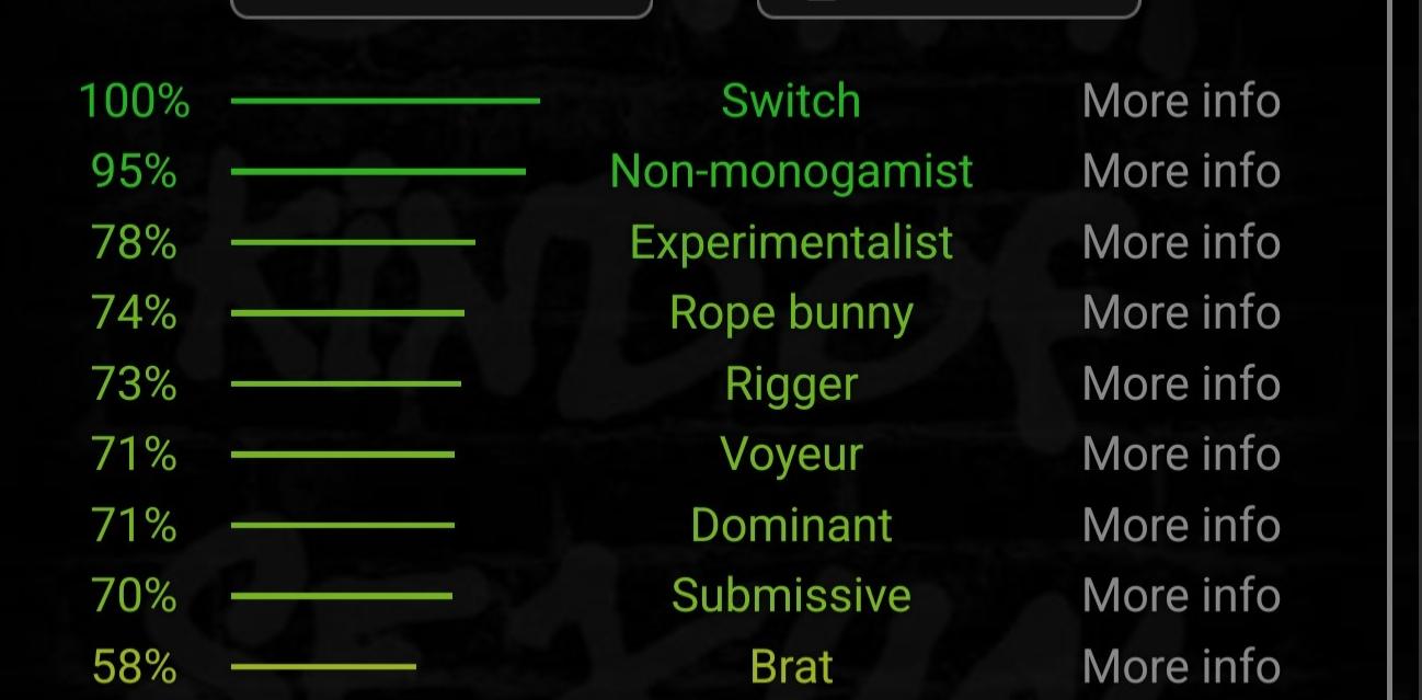An image of the top half of Elle's BDSM quiz, showing that she is 100% switch, 95% non-monogamist, 78% experimentalist, 74% rope bunny, 73% rigger, 71% voyeur, 71% dom, 70% submissive, and 58% brat.