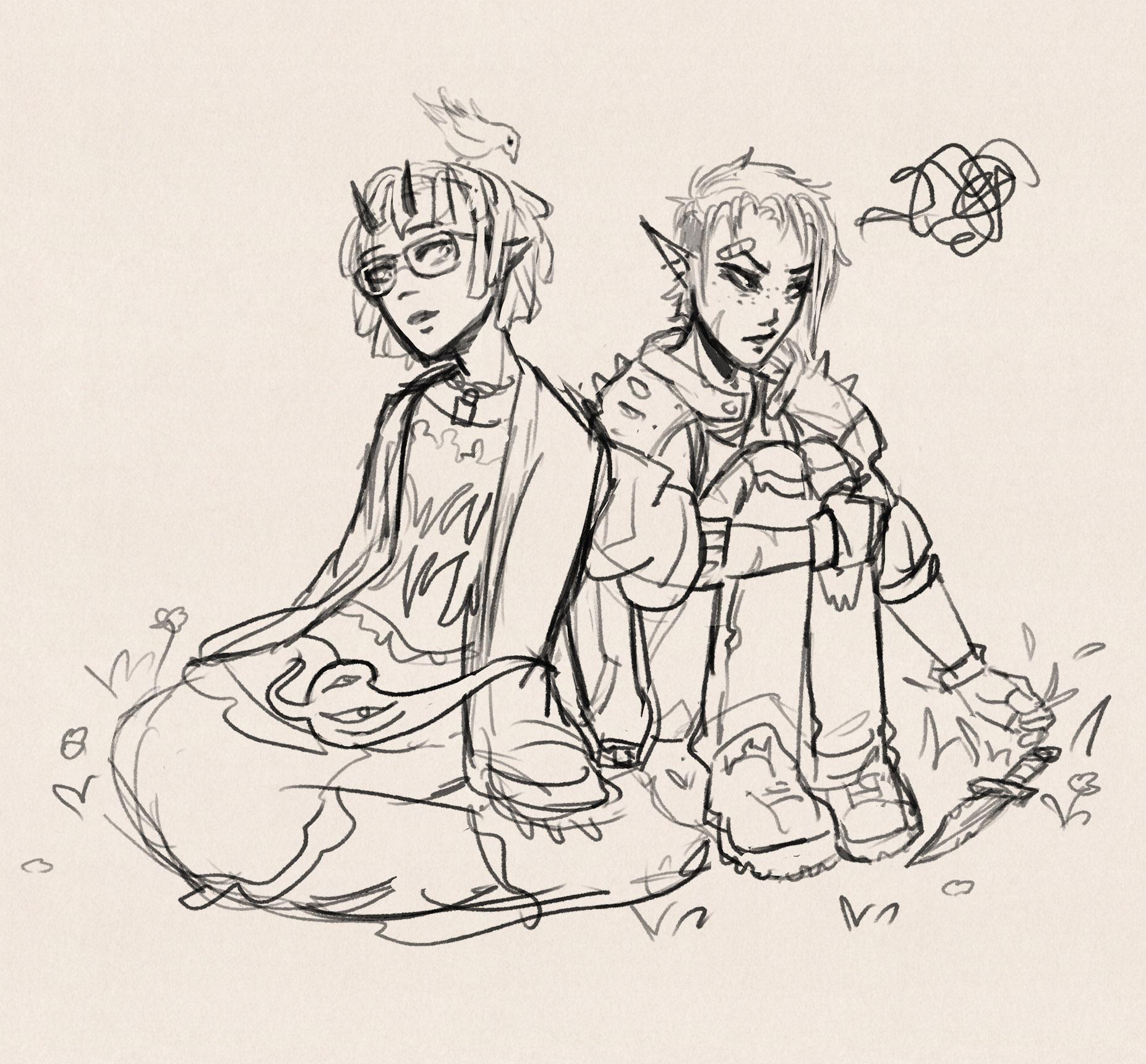 Sketch of my original characters Iris and Trece sitting on some grass. Iris looks relaxed and is listening intently, while Trece looks upset, she's pulling up blades of grass with her hand and talking about something.