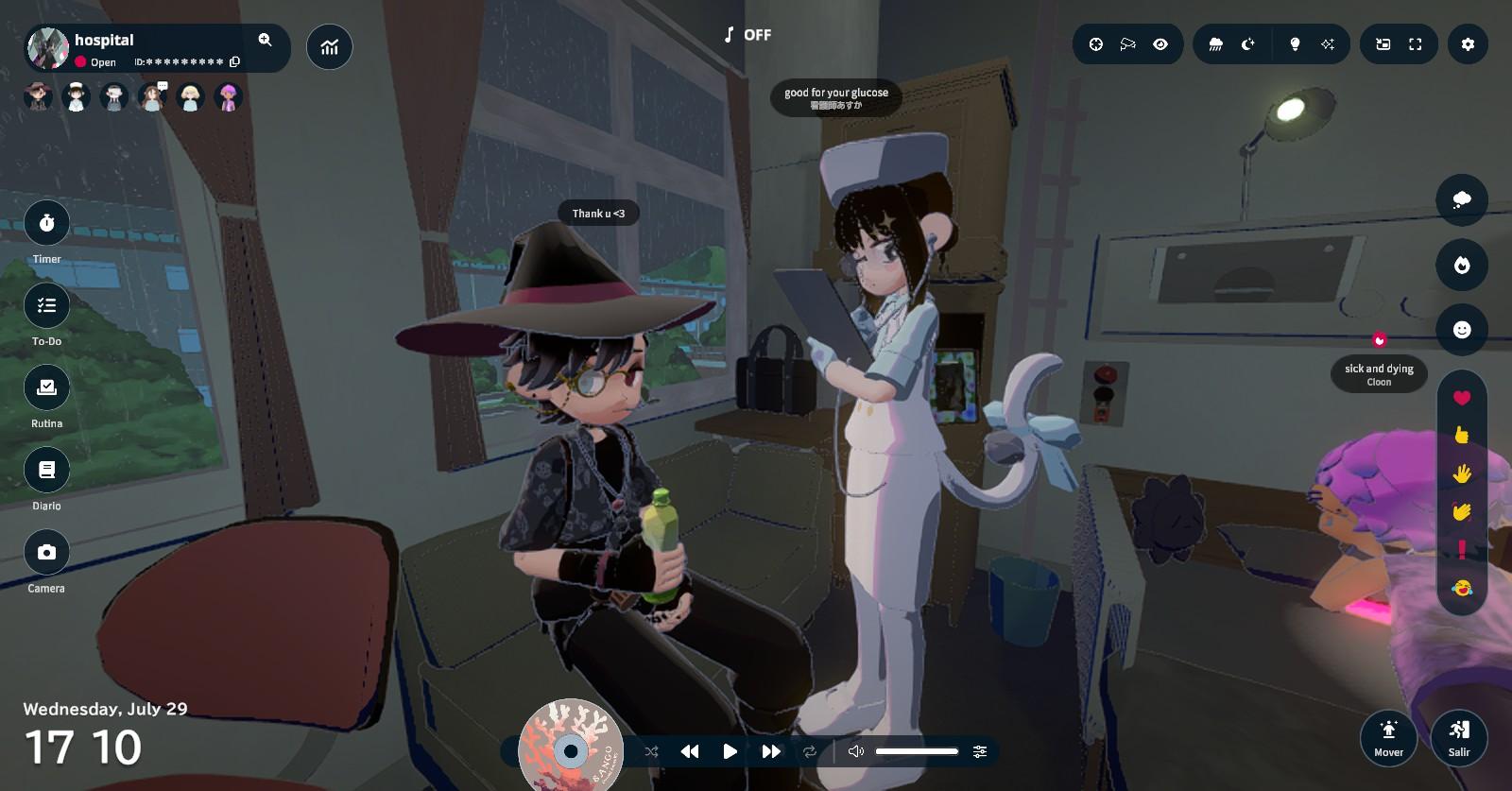 Screenshot from the game Gogh, there's my avatar wearing a wizard hat sitting on a sofa in a hospital room, drinking from a bottle, while a nurse with a cat tail is checking on me. She is saying "good for your glucose" and I'm saying "thank you". On the back there's someone on a bed saying "sick and dying"