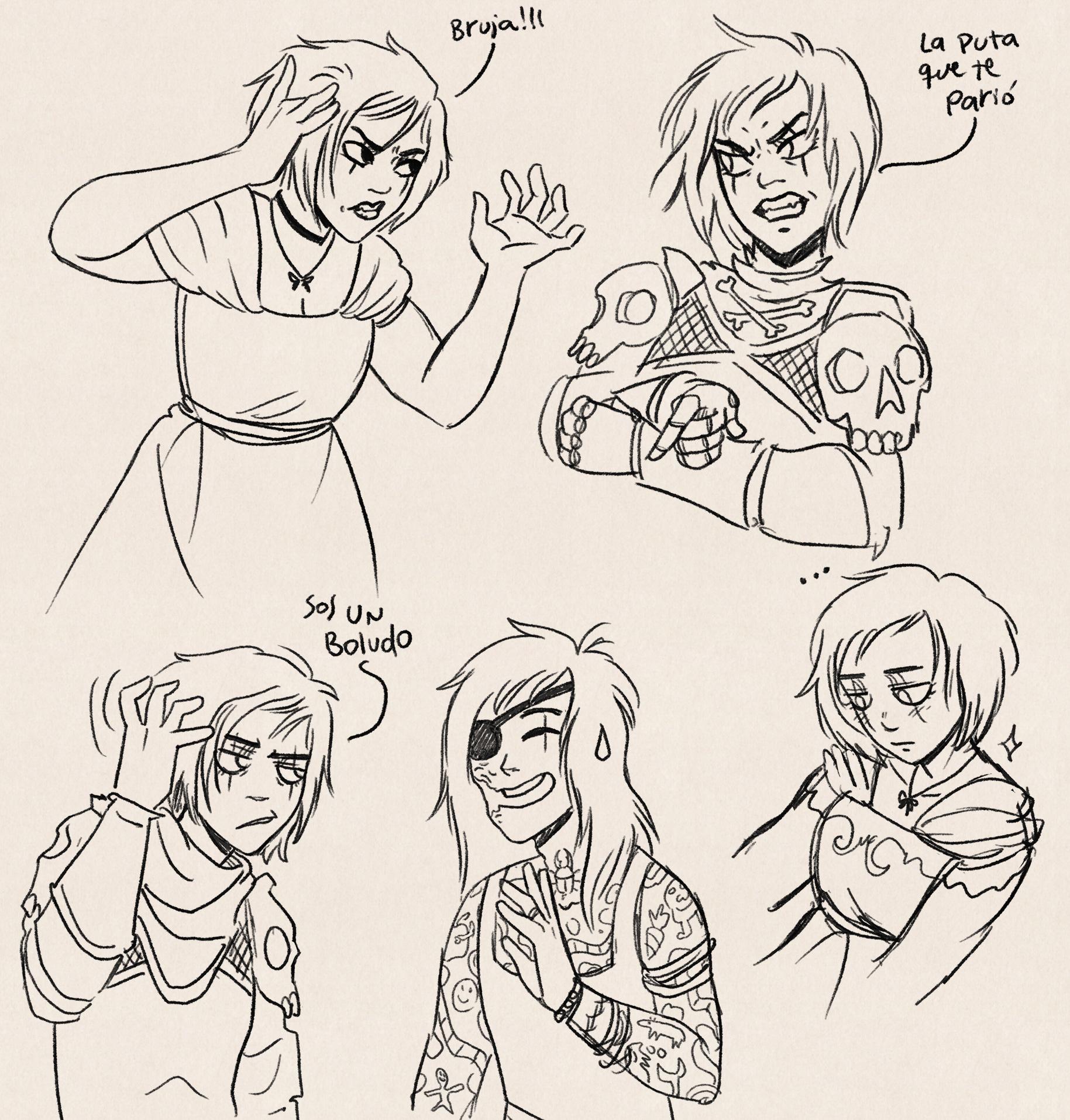Some sketches of a young woman being mad. 

First one she's wearing an antique style dress and saying "Witch!!!" as an insult.

Second one she's wearing armor with skulls and she's saying ... huh. The equivalent of "fuck you son of a bitch"

Then there's Mari still wearing the armor, speaking with her twin Momo, a long haired guy with an eye patch and completely covered in tattoos. She's saying "you are a dumbass" and looks fed up, while Momo is trying to calm her down.

Finally there's Mari blushing and just being a baby.