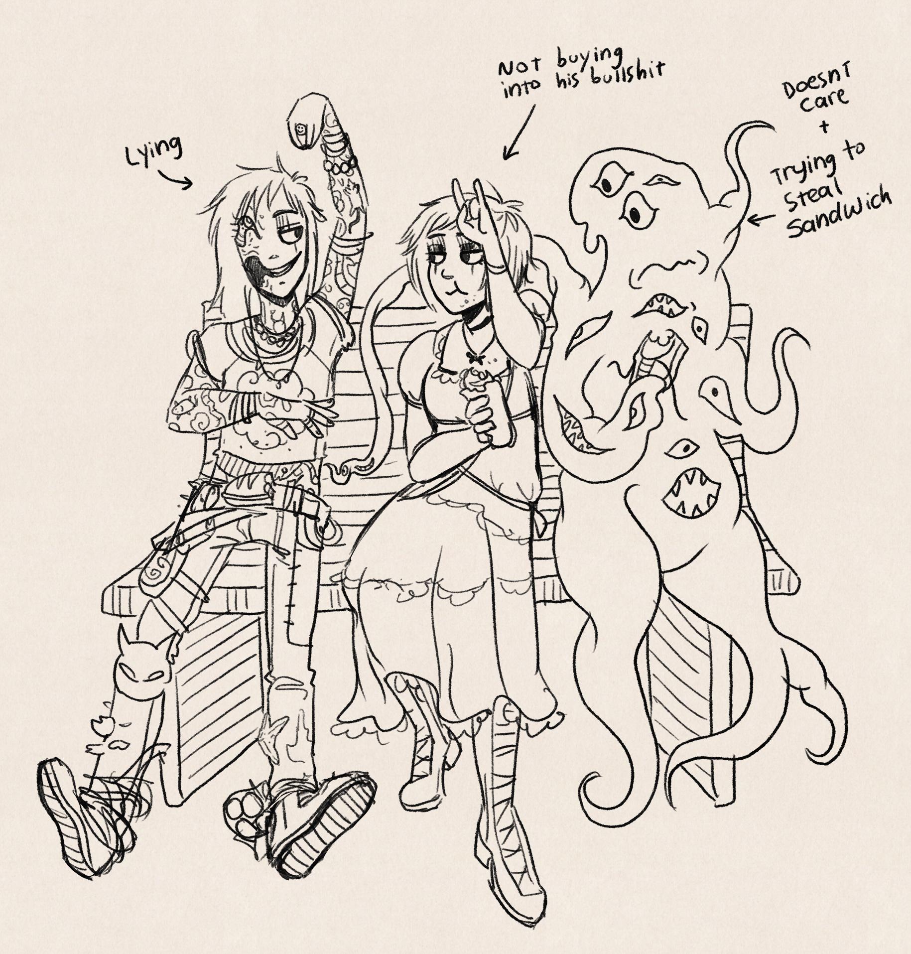 Three people sitting on a park bench and eating.

Momo looks mischevious and relaxed, he's talking in sign language but he's lying. His sandwich sits forgotten on his stomach.

Next is Mari, a young woman wearing a puffy dress, not buying into his bullshit while chewing her sandwich.

Then is Anon, a shapeless shadow monster eating a shoe. He's not paying attention to the other two, but trying to steal Momo's sandwich while he's focused on being a dumbass.