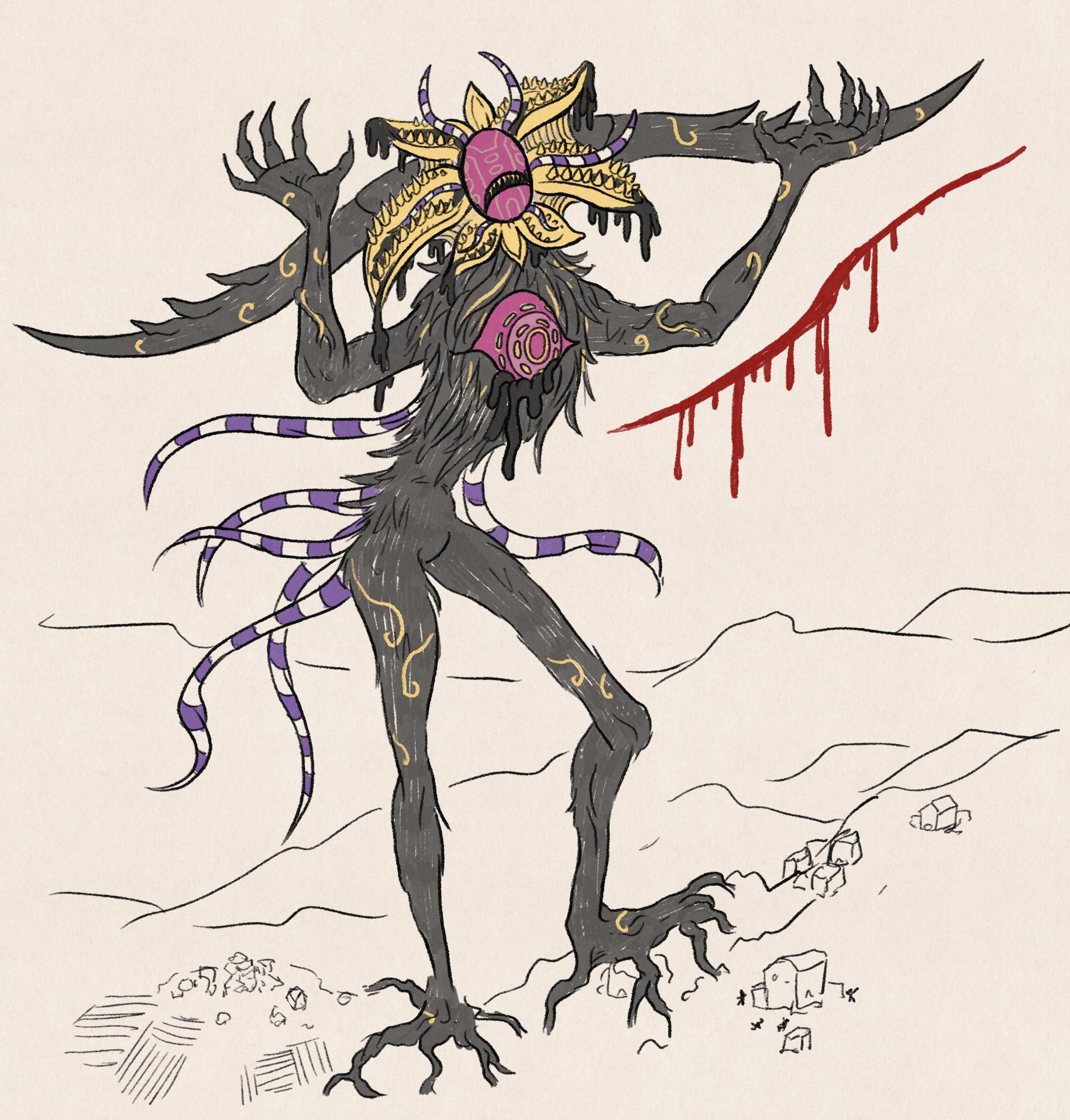 Quick digital sketch with color. Gigantic biped, thin monster covered in black fur, its legs are like roots, it has one single immense eye in the middle of its chest, and its head looks like a flower with teeth with an eyeless mask in the middle. It has tentacles with purple and white stripes on its back, and two gigantic horns. It's raising both its armas to the sky. It seems to be walking over some village in the hills, destroying everything..