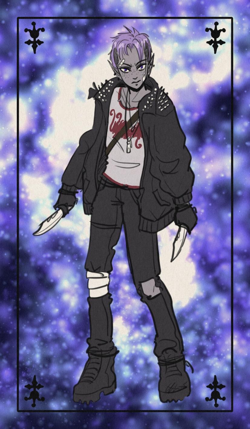 Young woman with an androgynous look holding a tactic knife on each hand. She's wearing a black leather jacket with spikes and looks kinda baddass. The background looks like outer space.