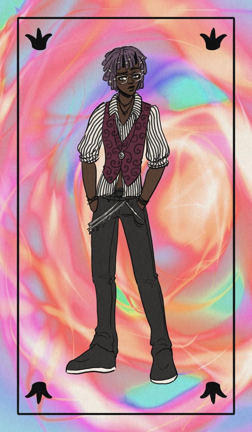 Iris, a black nonbinary perosn with purple dreadlocks and tiny horns on their forehead. They are standing with their hands in their pockets, wearing a shirt with black and white stripes, a burgundy vest and black jean pants. The background looks like colorful fire, and there's a small crown on each corner of the illustration.