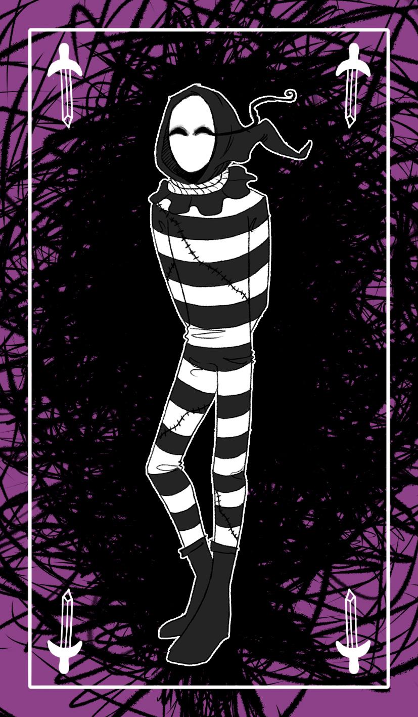 Quick color sketch of a character completely covered in a jumpsuit with black and white stripes. He has a black hood tied with thick rope to his neck, and his face covered with a plain white mask with two holes as eyes. He looks friendly and curious, maybe a little creepy. The background is just messy shadows and purple color, there is a tiny sword icon on each corner.
