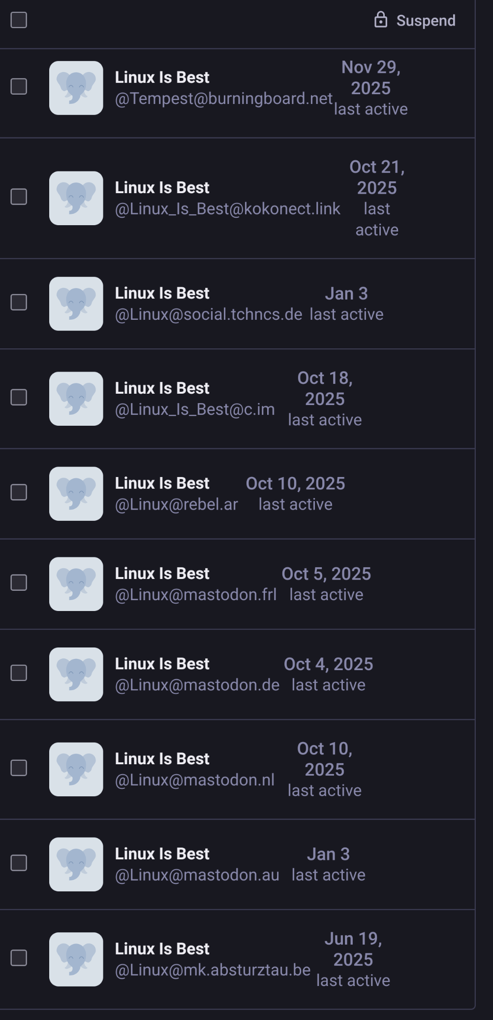 Screenshot 1 of the 15+ accounts Linux is Best has had that federated with the Speakeasy