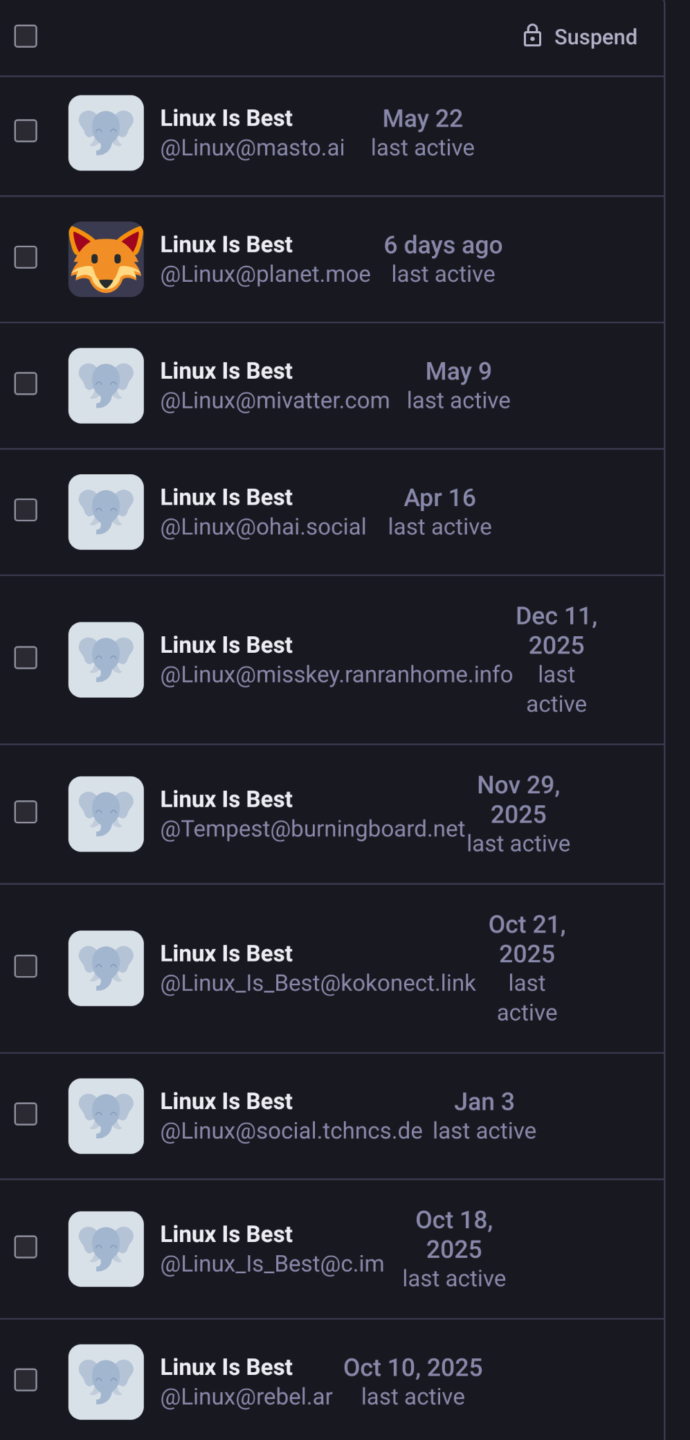 Screenshot 2 of the 15+ accounts Linux is Best has had that federated with the Speakeasy