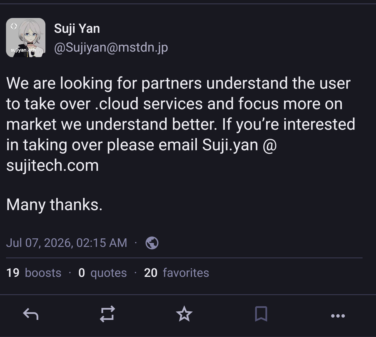 We are looking for partners understand the user to take over .cloud services and focus more on market we understand better. If you’re interested in taking over please email Suji.yan @ sujitech.com

Many thanks.